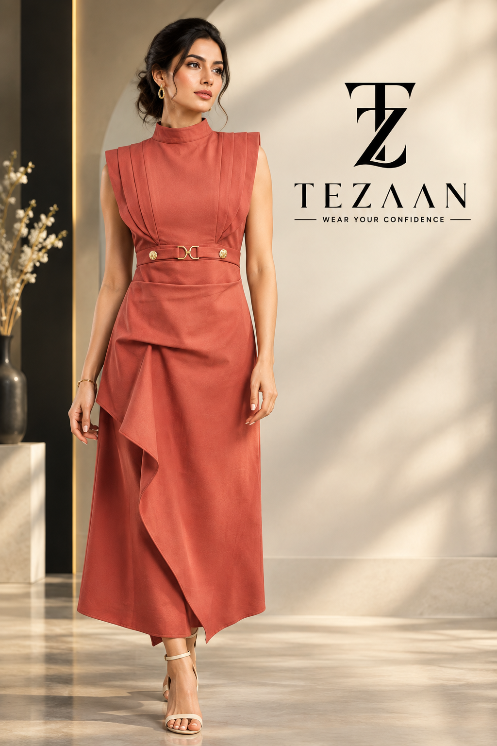 Terracotta Luxe Draped Midi Dress