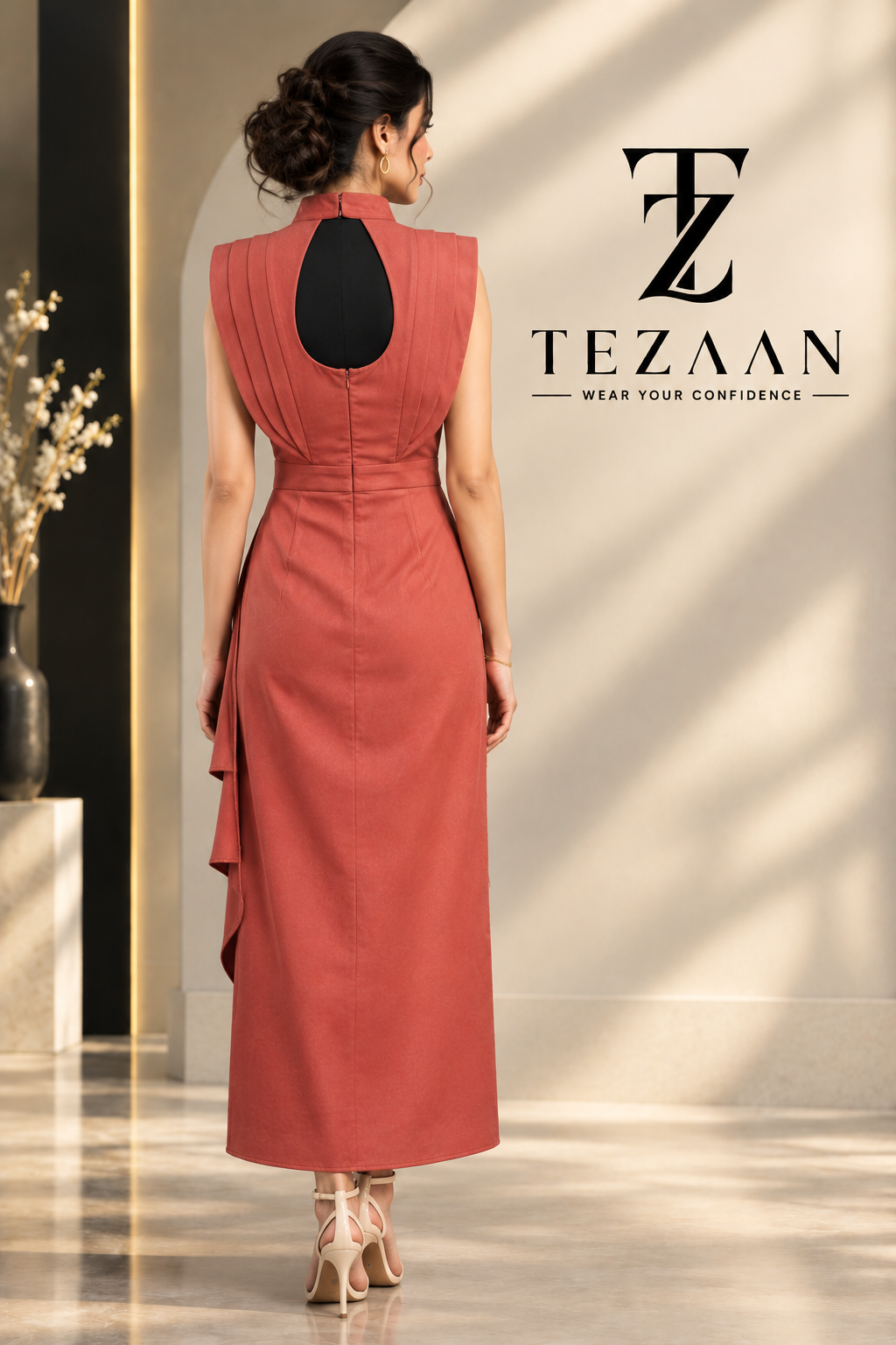 Terracotta Luxe Draped Midi Dress