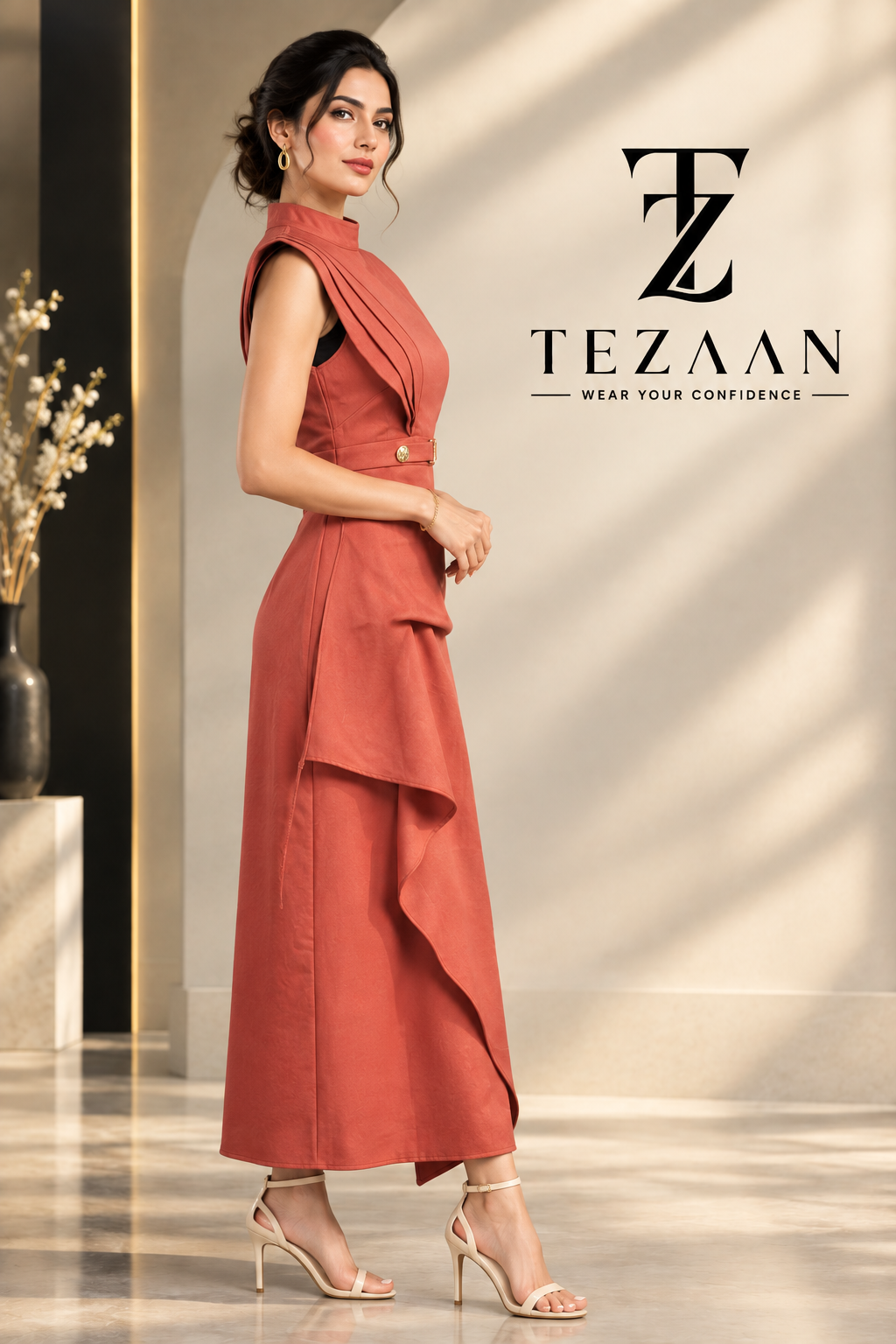Terracotta Luxe Draped Midi Dress